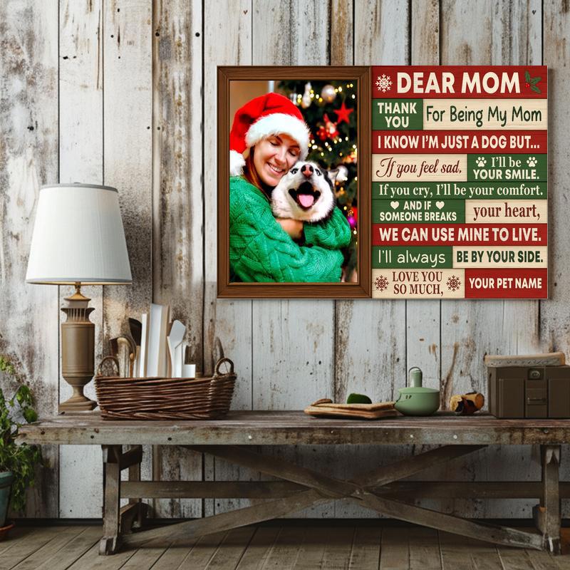 Dog mom Christmas canvas, personalized pet photo wall art with sage and cream palette, snowflakes, custom name; boho style