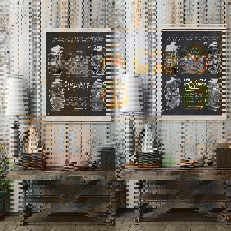 Personalized chalkboard friends photo collage canvas, vintage Polaroid layout, string lights glow, bedroom or dorm wall decor