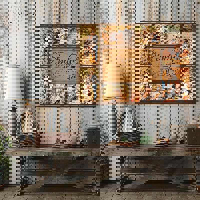 Rustic farmhouse family quote canvas with personalized photo collage, gallery-wrapped edges, neutral fall tones for entryway.