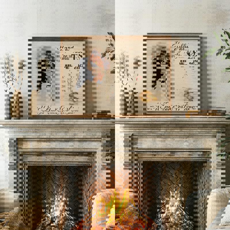 Engagement proposal canvas print, minimalist black script on neutral linen calendar, custom names and proposal date, landscape layout