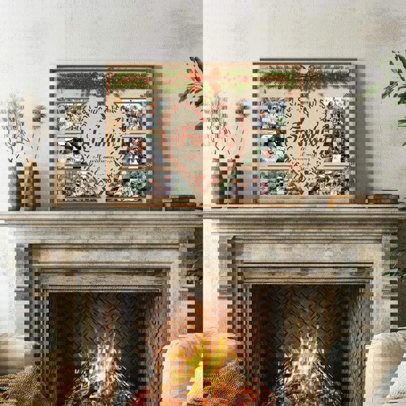 Rustic farmhouse Christmas canvas for living room decor, custom family name with long‑distance locations, greenery accents