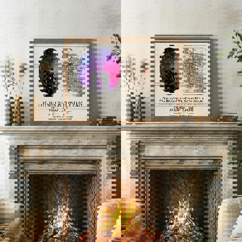 Personalized constellation star map canvas, custom names, date, location, watercolor galaxy tones, circle, anniversary gift