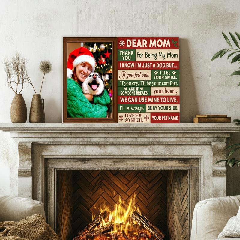 Dog mom Christmas canvas, personalized pet photo wall art with buffalo check border, paw heart and name; square orientation