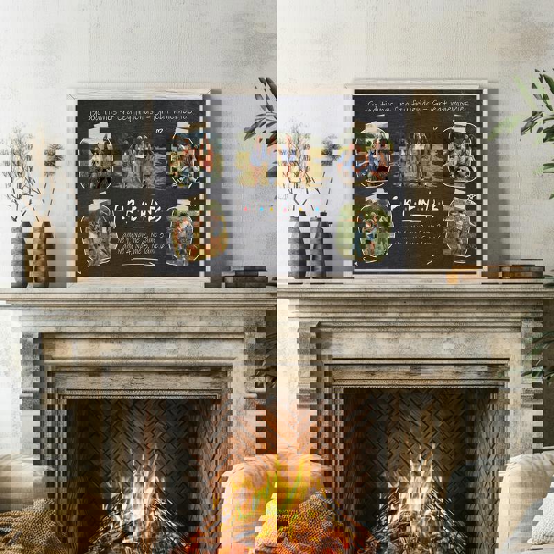 Personalized friends collage canvas, chalkboard style with white Polaroid borders, custom names, birthday gift for besties