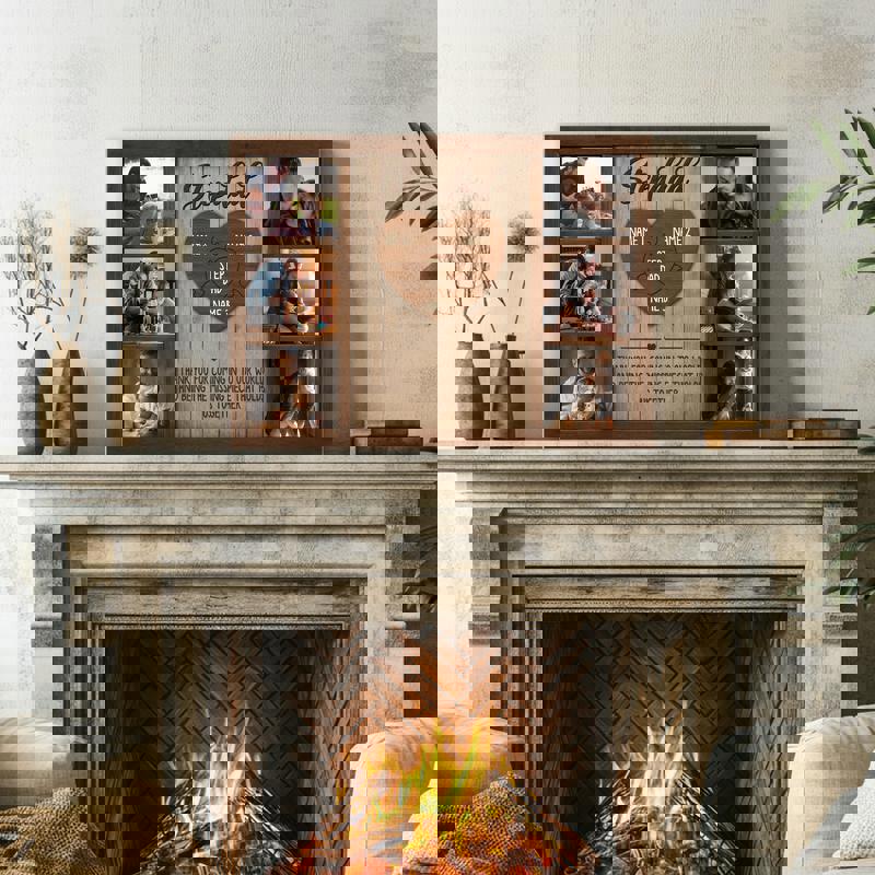 Step dad puzzle pieces canvas wall art with custom kids’ names, natural wood grain look, gallery-wrapped edges, landscape