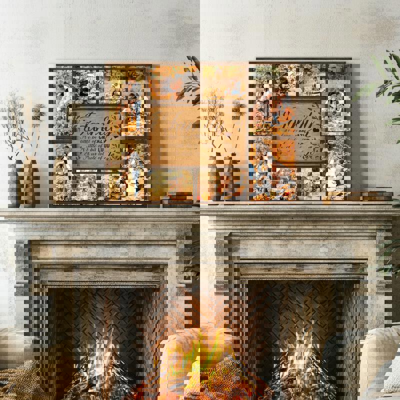 Rustic farmhouse family quote canvas, square photo collage grid with custom names, warm autumn hues for dining room decor.