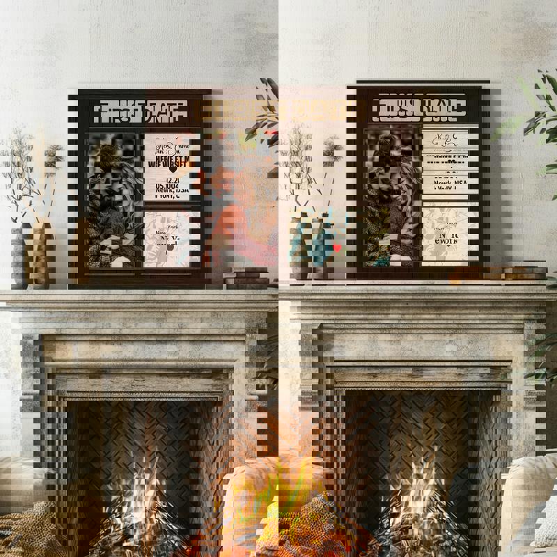 Where We First Met map canvas, neutral farmhouse style with coordinates, custom names and date, bedroom decor for couples