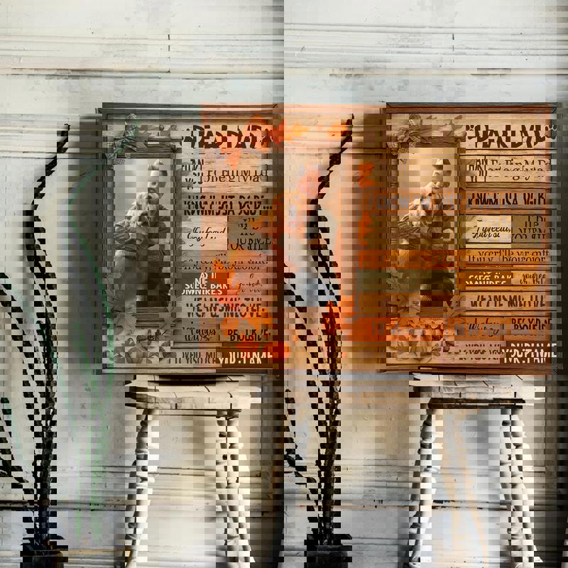 Custom dog portrait canvas with pumpkin accents and plaid details, warm harvest colors, Thanksgiving present for dog dad