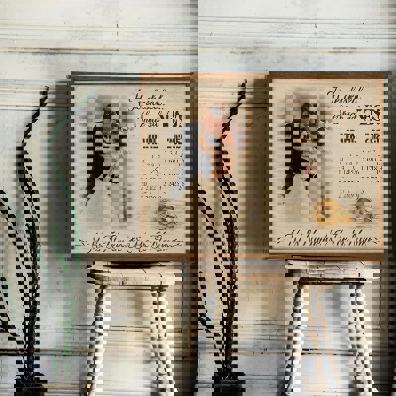 Engagement proposal canvas print, neutral canvas calendar with clean lines, personalized names and date, entryway wall art