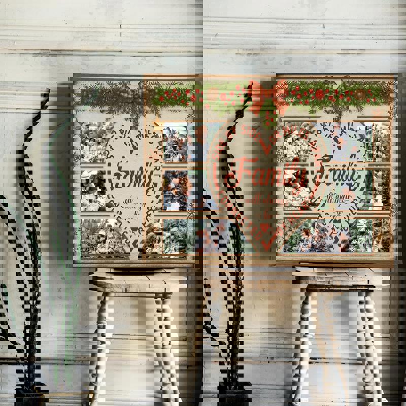 Rustic farmhouse Christmas canvas with custom family name linking loved ones across states with heart trails, country decor