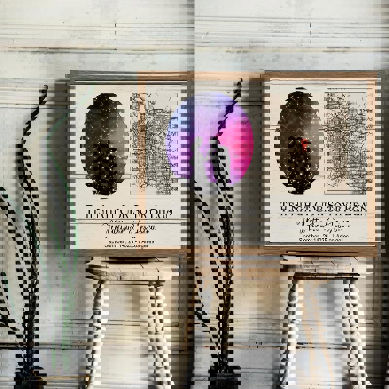 Personalized constellation star map canvas marking engagement night, custom names and date, navy sky circle, script title