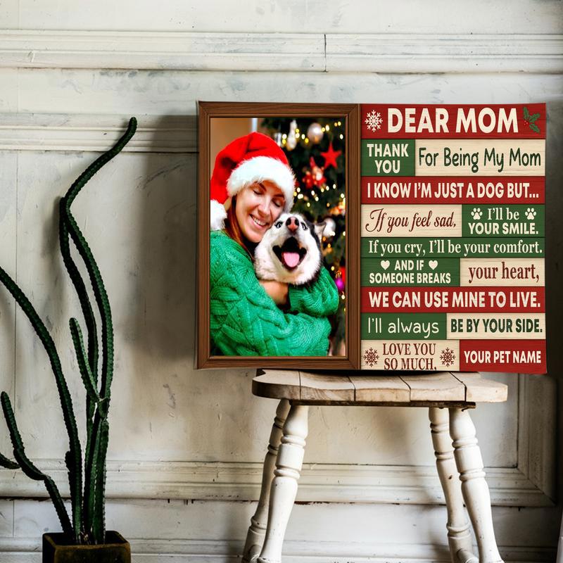 Dog mom Christmas canvas, personalized pet photo wall art with two pet photos and custom names; festive gallery display