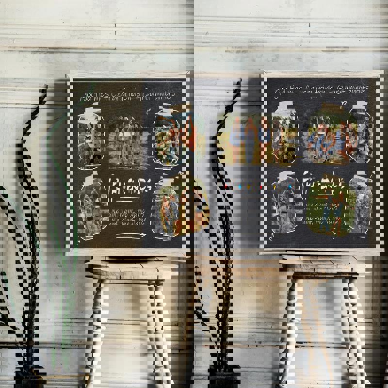 Friends Polaroid collage canvas with chalk typography, custom names and special date, rustic farmhouse charm, square layout