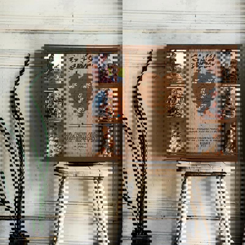 Step dad puzzle canvas wall art with personalized kids’ names on brown barnwood, classic farmhouse style, home office decor