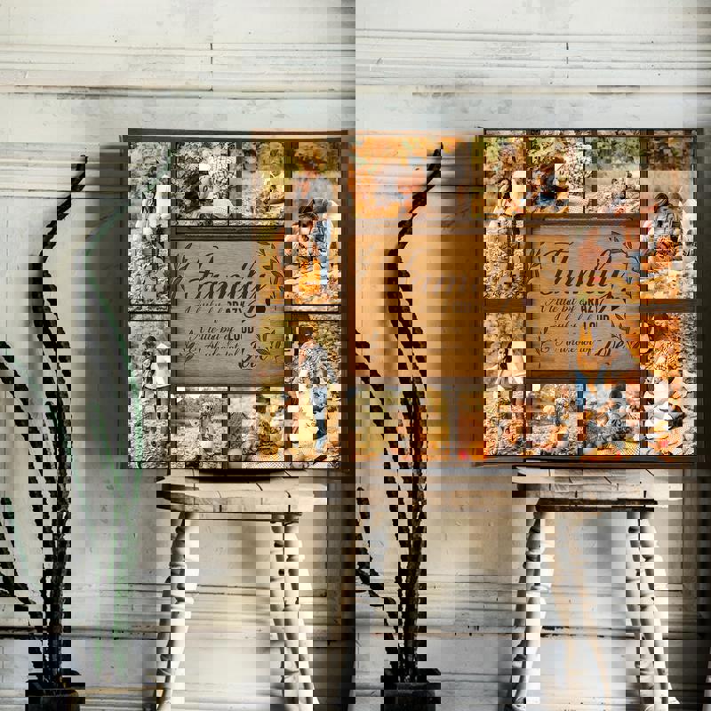 Rustic farmhouse family quote canvas with scripted lettering and custom photo collage, warm neutrals, for cozy living room.