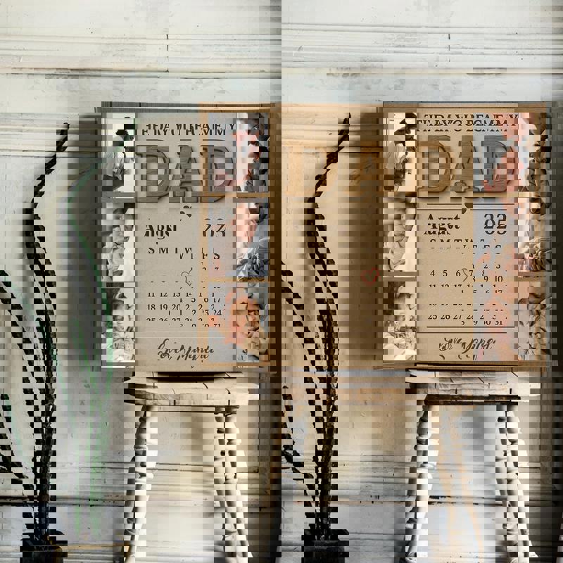 The Day You Became My Daddy canvas, black frame look, custom calendar highlights baby’s date with photo collage for new dad