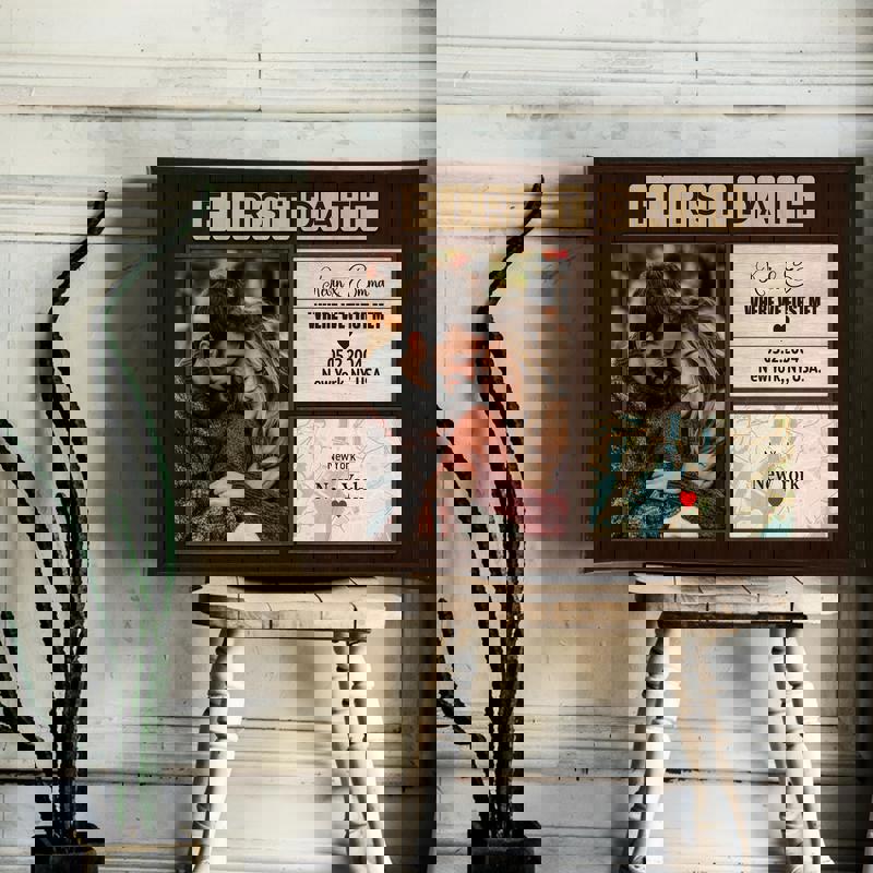 Where We First Met map canvas, rustic farmhouse print personalized with names, date, and location, wall decor for couples