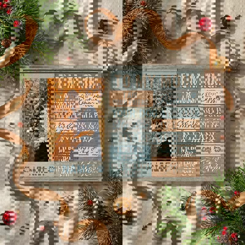 Dog mom canvas print, personalized dog photo and message, rustic wood-look farmhouse art for living room, Mother’s Day gift