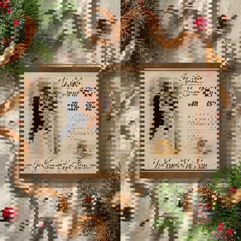 Engagement proposal canvas print, distressed wood backdrop calendar with highlighted day, custom names and date, bedroom wall decor