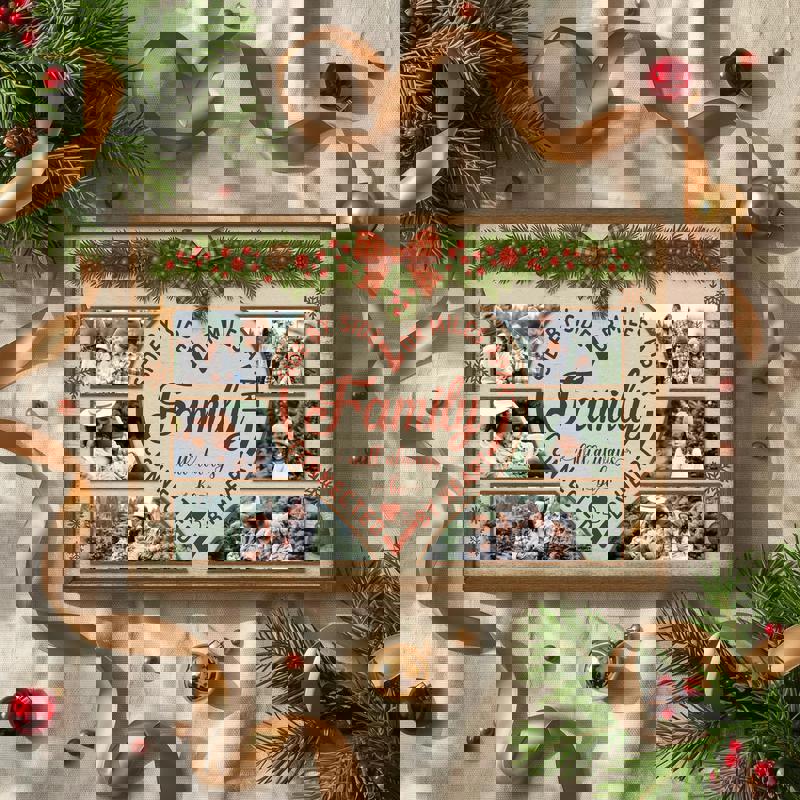 Rustic farmhouse Christmas canvas in neutral tones, custom family name with long‑distance cities, minimalist typography art