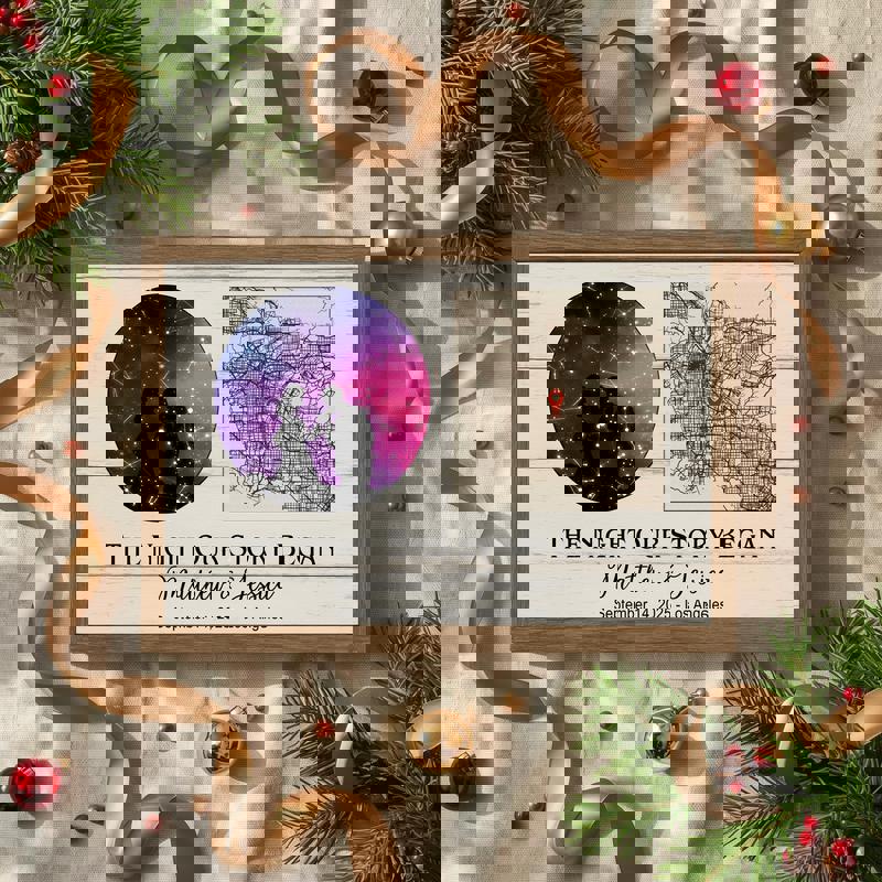 Personalized constellation star map canvas for couples, custom names and wedding date, heart map, blush backdrop, bedroom