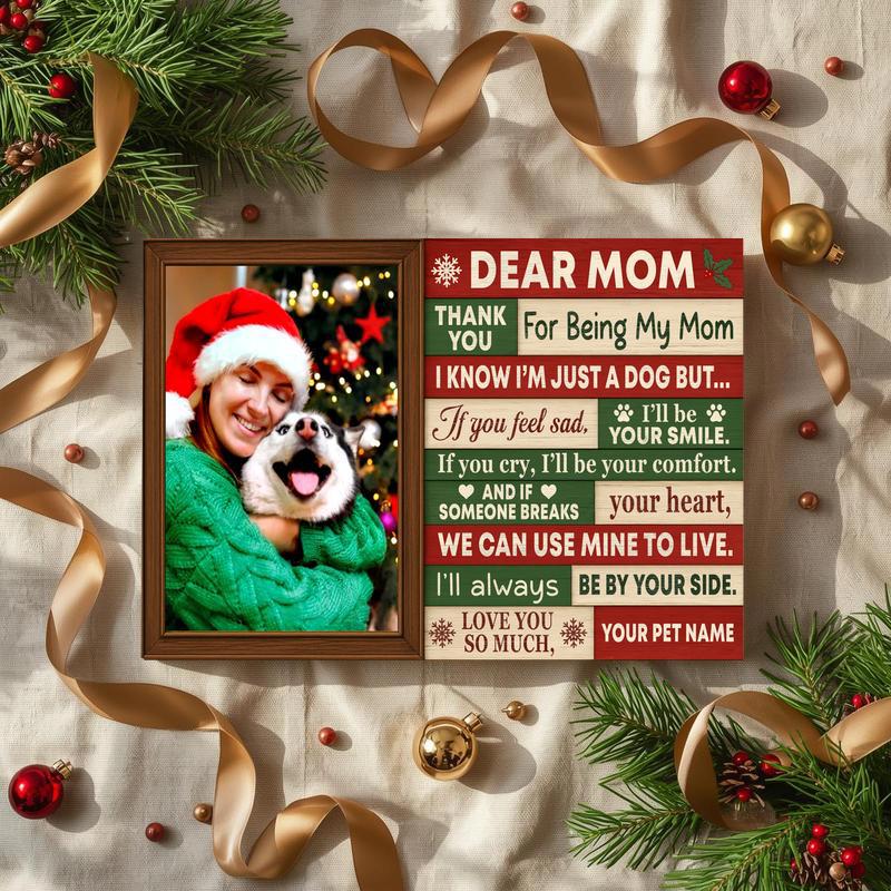 Dog mom Christmas canvas, personalized pet photo wall art with holly garland and custom name; seasonal entryway decor