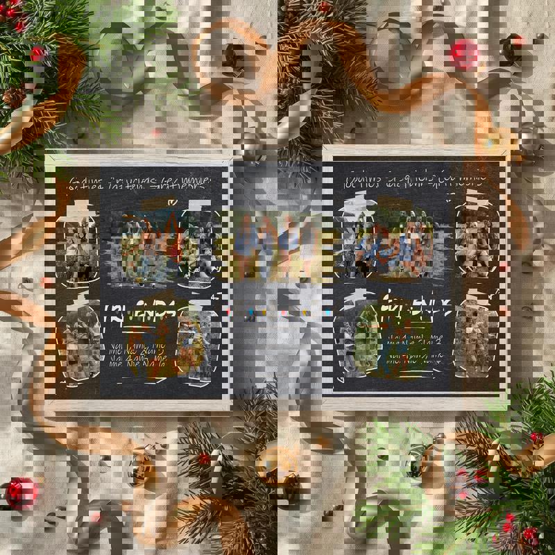 Custom friends Polaroid collage canvas, chalk lettering and arrow doodles, faux wood accents, warm farmhouse style, portrait