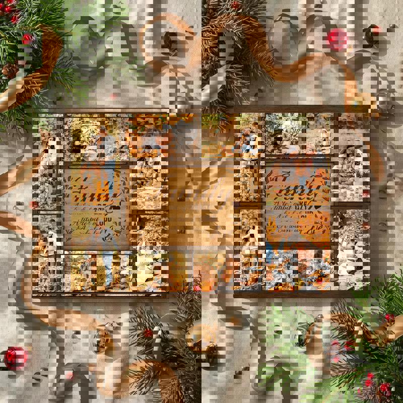 Rustic farmhouse family quote canvas and custom photo collage, thoughtful anniversary gift for parents, warm autumn palette.