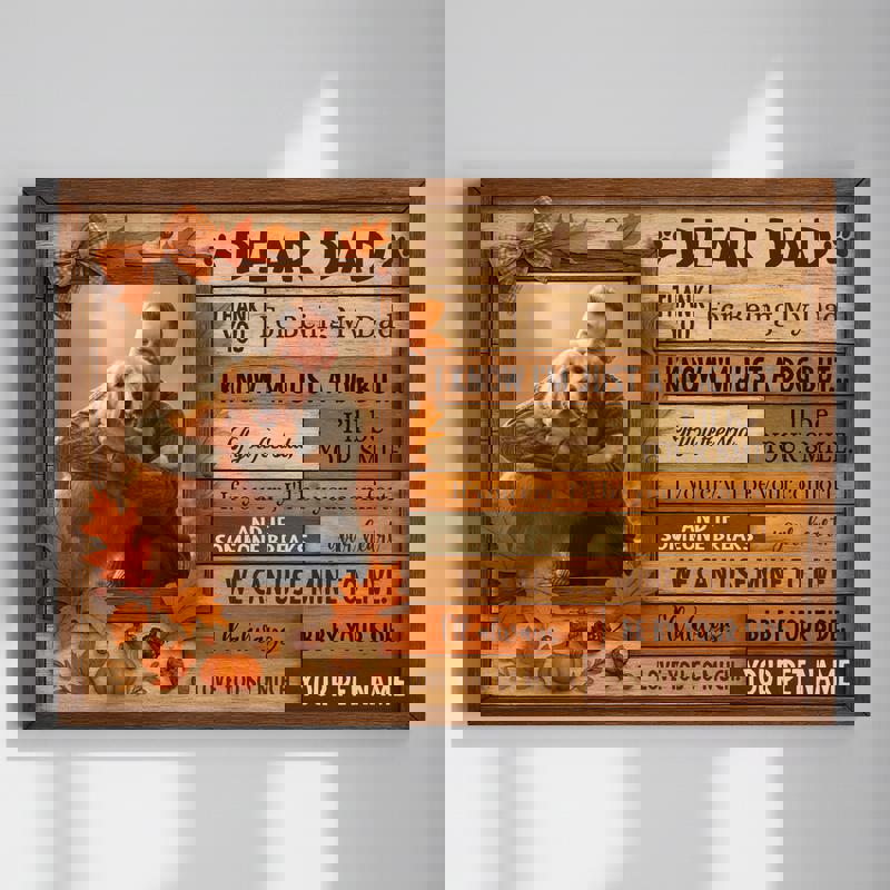 Custom dog portrait canvas with fall leaves and pumpkins, rustic farmhouse style, personalized from your photo for dog dad | Familywalldecor