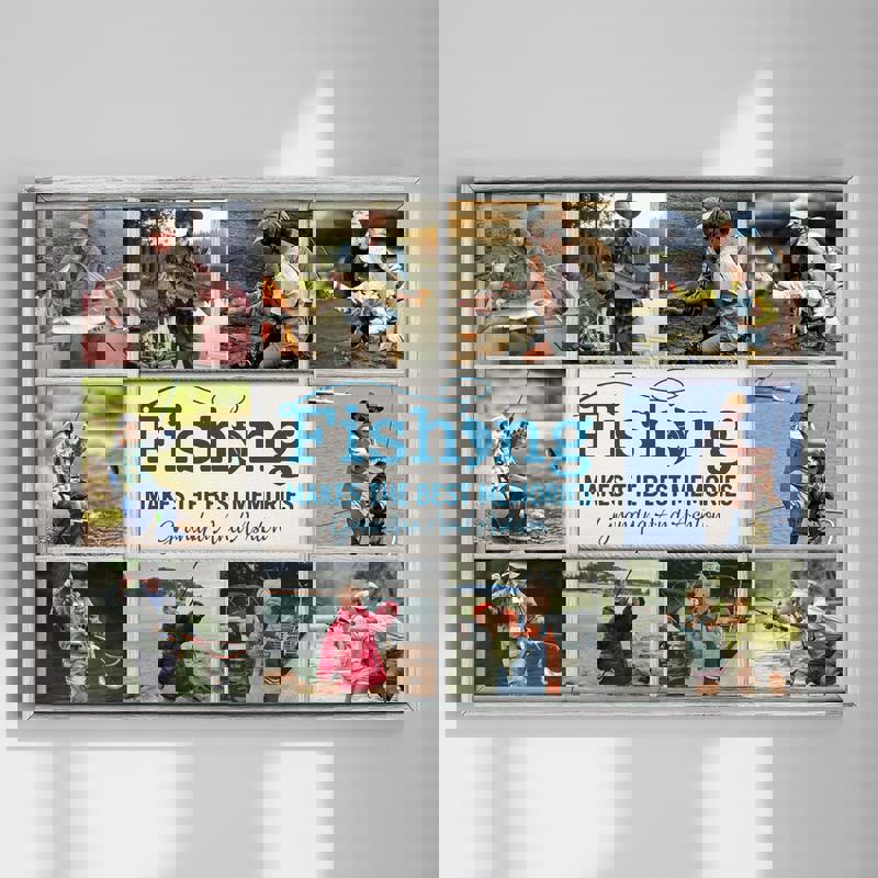 Custom Fishing Canvas - Fishing Makes The Best Memories Photo Collage Rustic Coastal Wall Art For Dad, Husband, Or Grandpa | Familywalldecor
