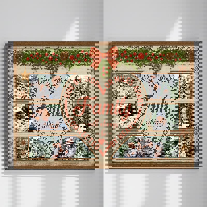 Rustic farmhouse Christmas canvas with custom family name and long‑distance locations linked by hearts on a whitewashed wood | Familywalldecor