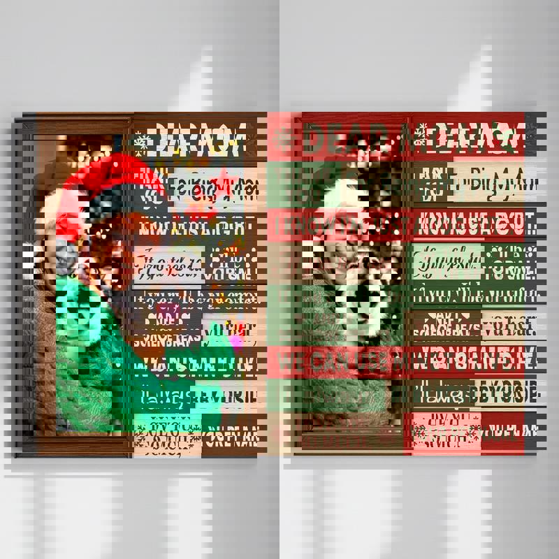 Dog mom Christmas canvas, personalized pet photo wall art with plaid border and custom name; holiday gift for dog lover | Family Wall Decor