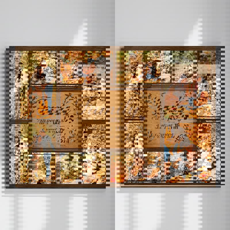 Rustic farmhouse family quote canvas with personalized photo collage, autumn tones, cozy focal piece for living room decor. | Family Wall Decor