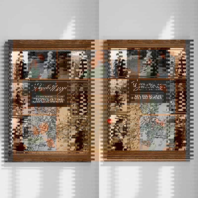 Where it all began map and photo collage canvas with heart location marker, personalized names and date, rustic farmhouse style | Family Wall Decor