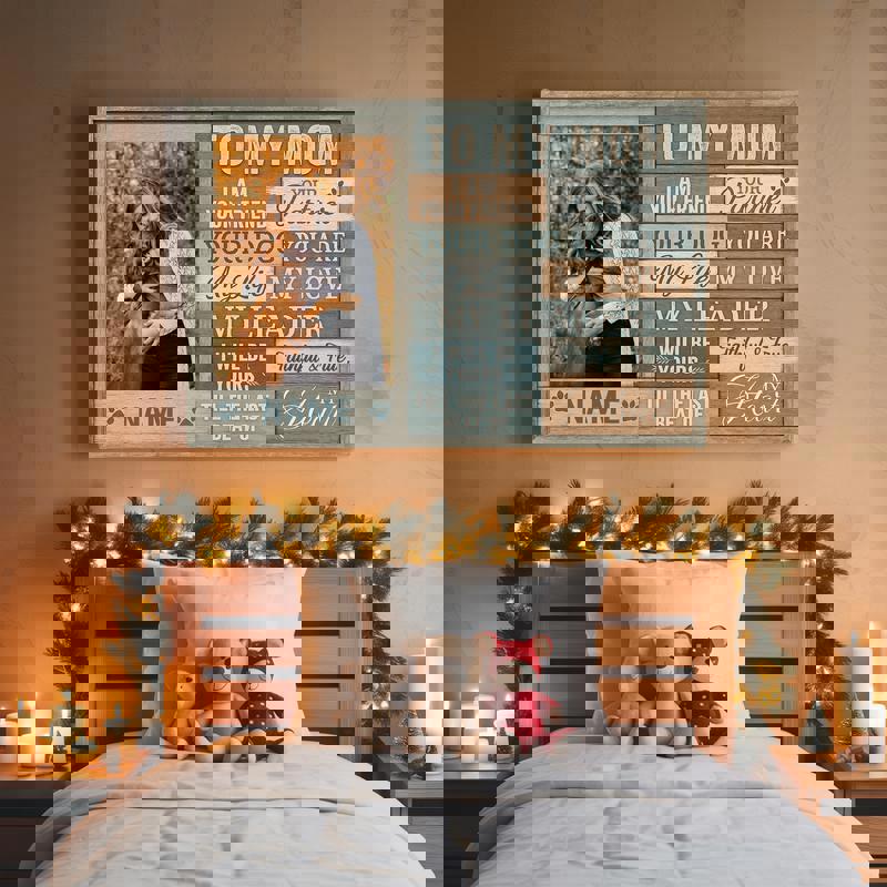 Dog mom custom canvas featuring your dog’s photo and name, warm rustic coastal palette, meaningful keepsake for mom