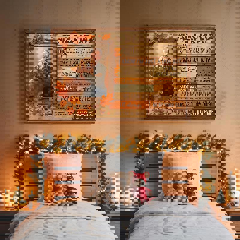 Custom dog portrait canvas for farmhouse living room decor, autumn tones and leafy border, personalized from your photo