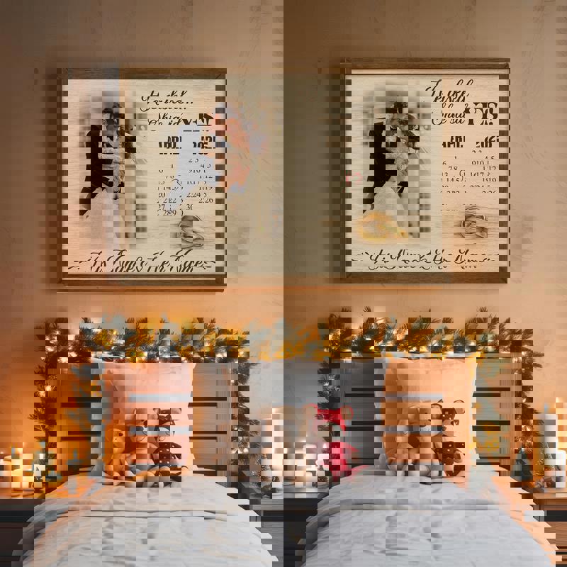 Engagement proposal canvas print, farmhouse style calendar with bold script title, personalized couple names and date, landscape orientation