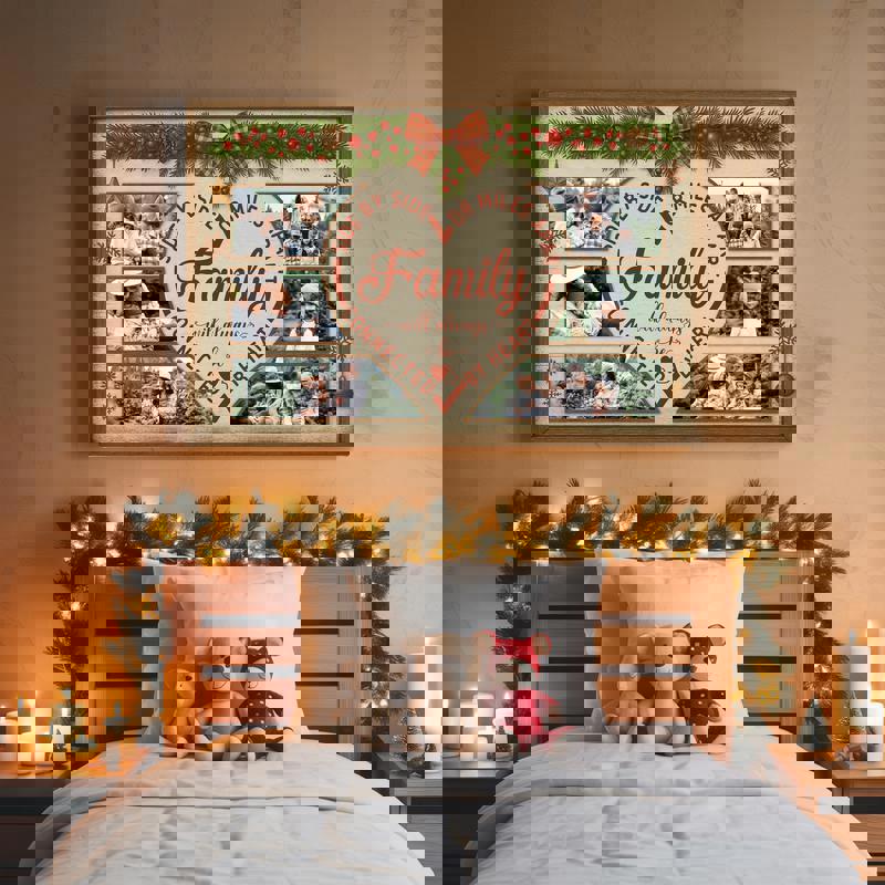 Rustic farmhouse Christmas canvas, custom family name and far‑apart homes marked with hearts, holiday gift for family