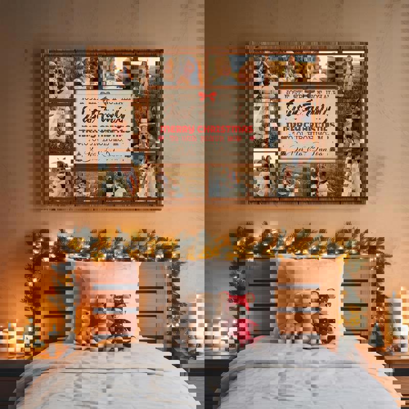 Bonus Mom photo collage canvas with linen-textured background, coastal farmhouse style, personalized photos for Mother's Day