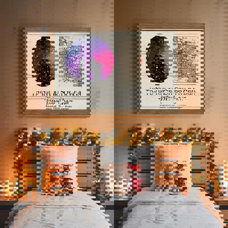 Personalized constellation star map canvas with heart-shaped sky, custom couple names, date, beige backdrop, portrait