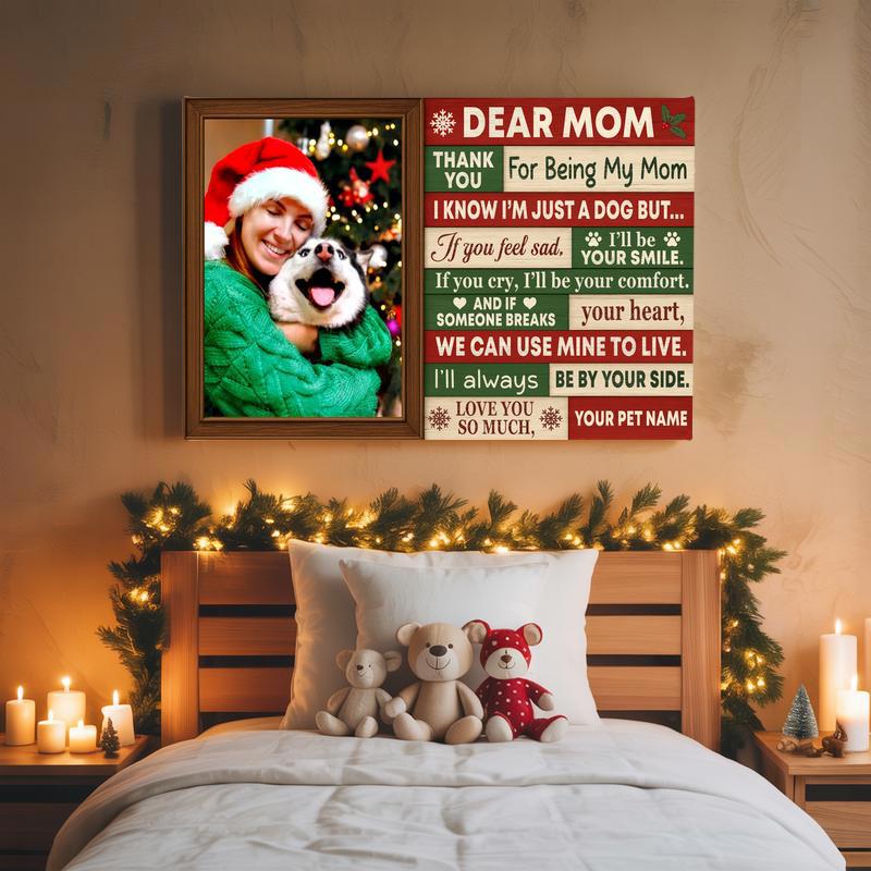 Dog mom Christmas canvas, personalized pet photo wall art with ornament motif, quote and custom name; gift for dog lover