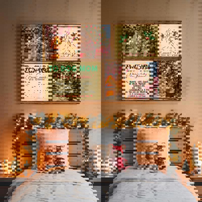 Dog & mom photo collage canvas featuring your photos and date, evergreen wreath border, special Christmas gift for a dog mom Dog & mom photo collage canvas featuring your photos and date, evergreen wreath border, special Christmas gift for a dog mom