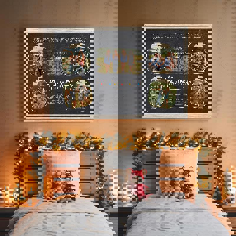 Rustic chalkboard-style friends Polaroid collage canvas, personalized title, twelve-photo spread, cozy entryway wall accent