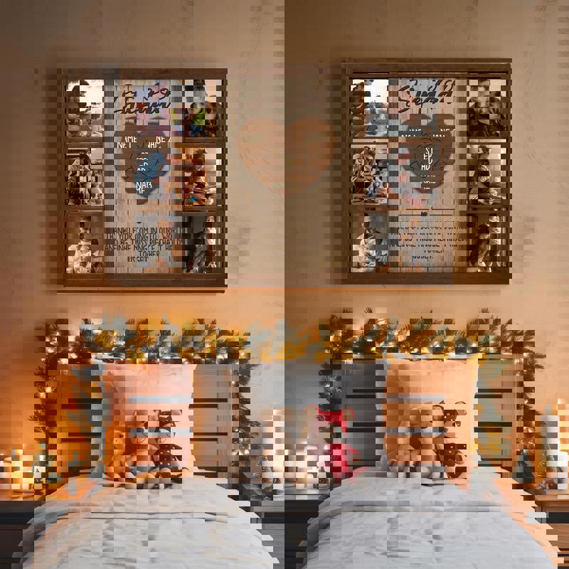 Step dad puzzle canvas wall art custom kids’ names, white shiplap farmhouse look, complements family gallery walls, landscape