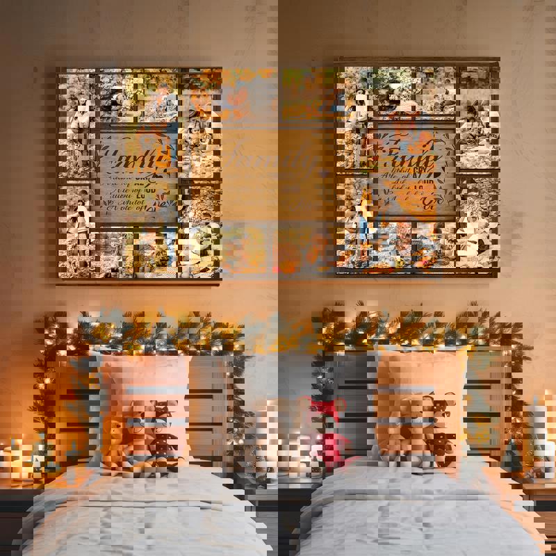 Rustic farmhouse photo collage canvas with family quote, warm terracotta and mustard accents, inviting fall decor for mantel.