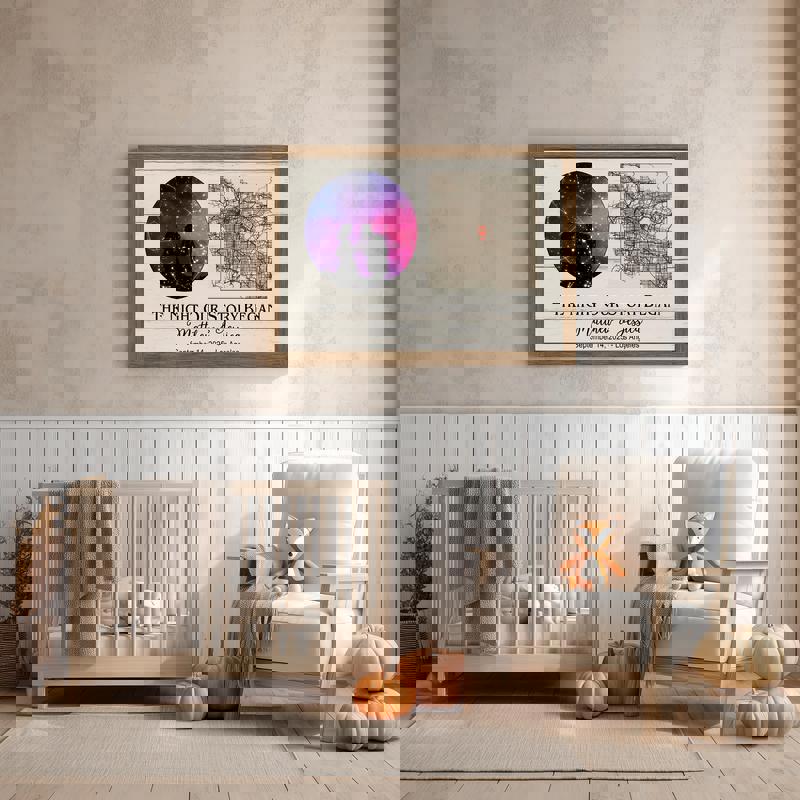 Personalized constellation star map canvas marking first date night, custom names, date, coordinates, midnight blue circle