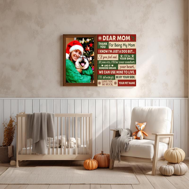 Dog mom Christmas canvas, personalized pet photo wall art with wreath monogram, custom initial and date; portrait orientation