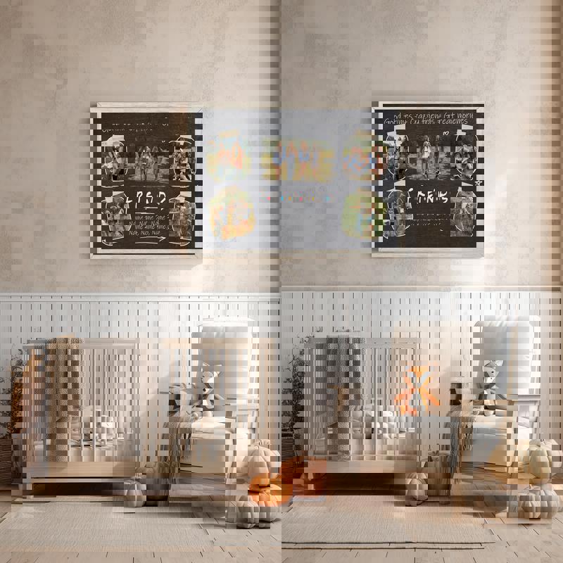 Personalized friends Polaroid collage canvas, farmhouse chalkboard look, photo captions, great gift for friend milestones