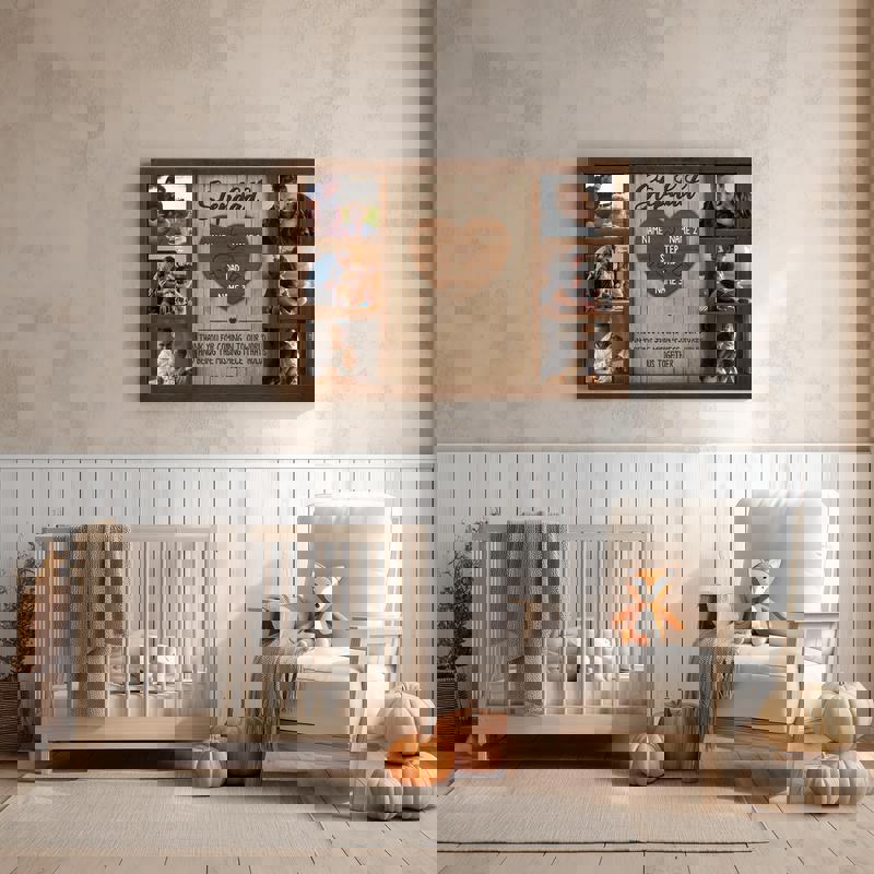 Step dad puzzle pieces canvas wall art personalized with kids’ names, rustic reclaimed wood background, portrait for hallway