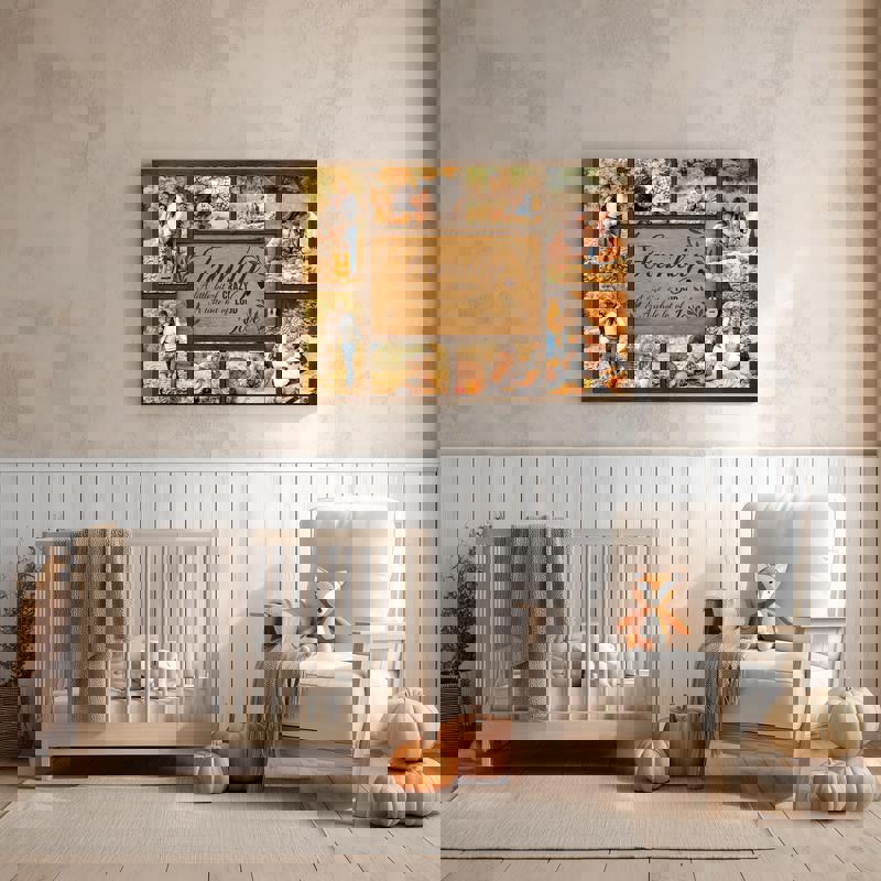 Rustic farmhouse family quote canvas with personalized photo collage and date, heartfelt grandparents gift in cozy autumn style.